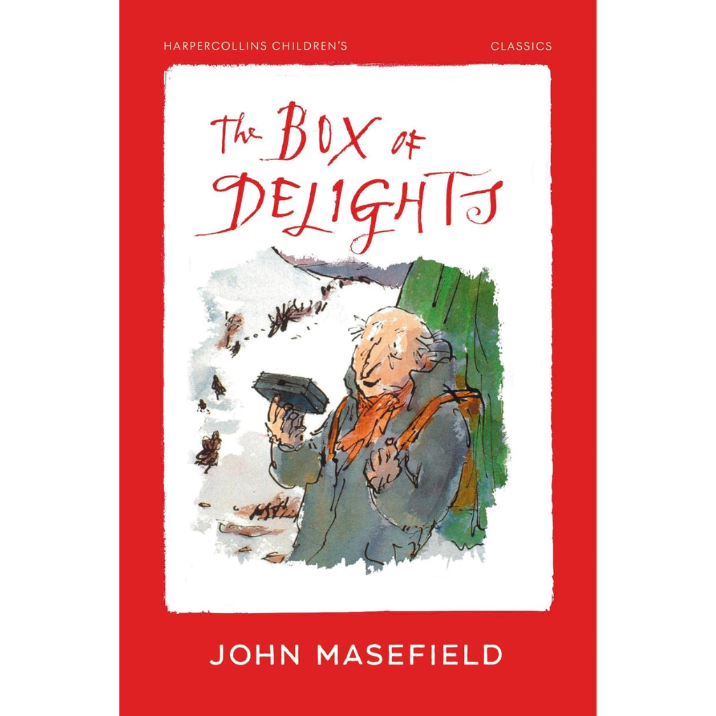 Book cover of 'The Box of Delights' by John Masefield with a red border and illustration of a character holding a box.