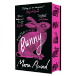 Book cover of 'Bunny' by Mona Awad with pink rabbit illustration on a black background