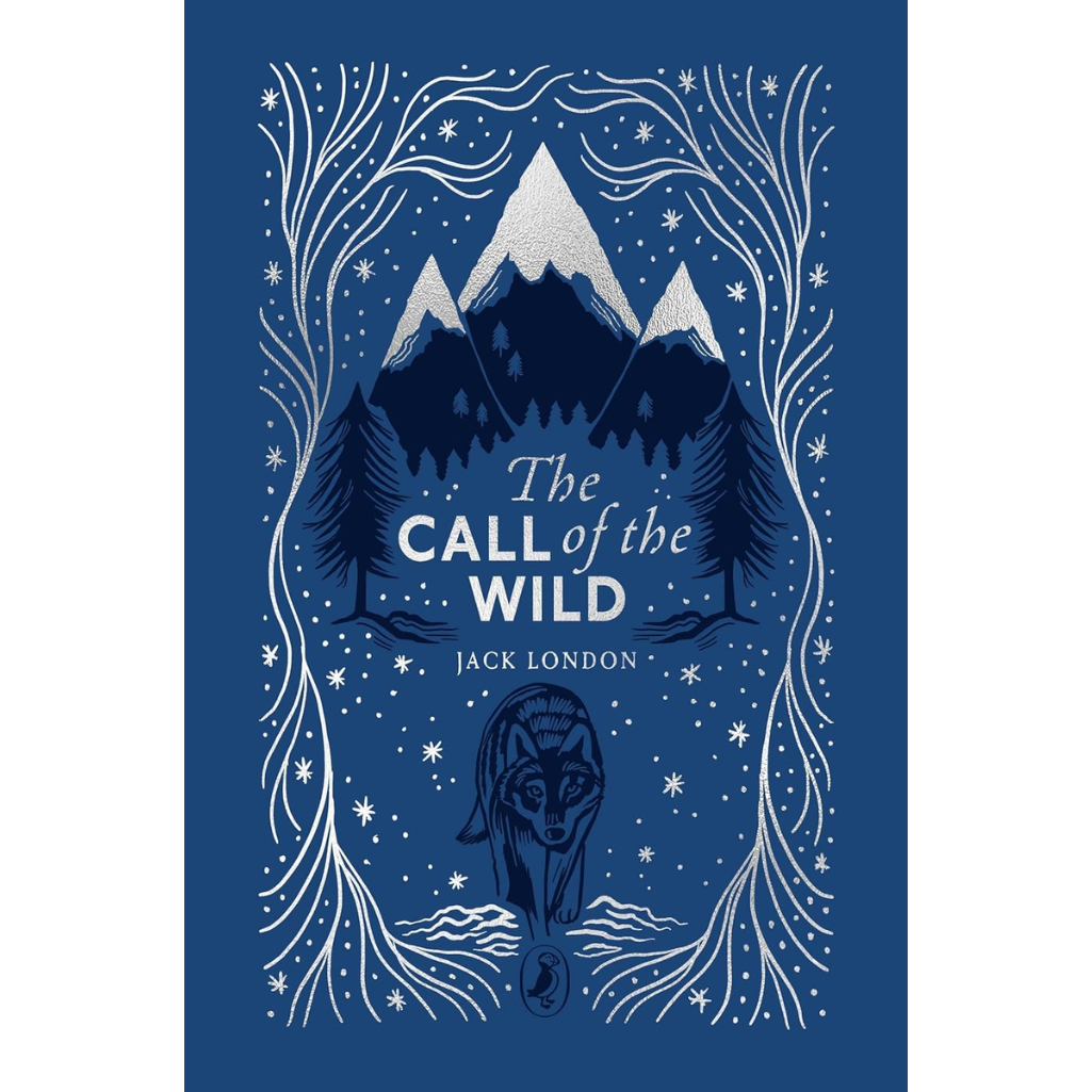 Book cover of 'The Call of the Wild' with mountain and wolf design on a blue background