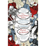 Book cover of 'The Canterbury Tales' by Geoffrey Chaucer, retold by Peter Ackroyd, with illustrations of characters from the story.