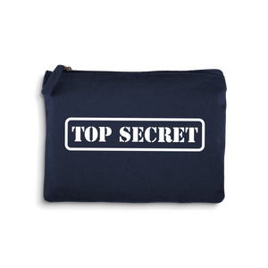 Navy blue pouch with 'TOP SECRET' text on a white background