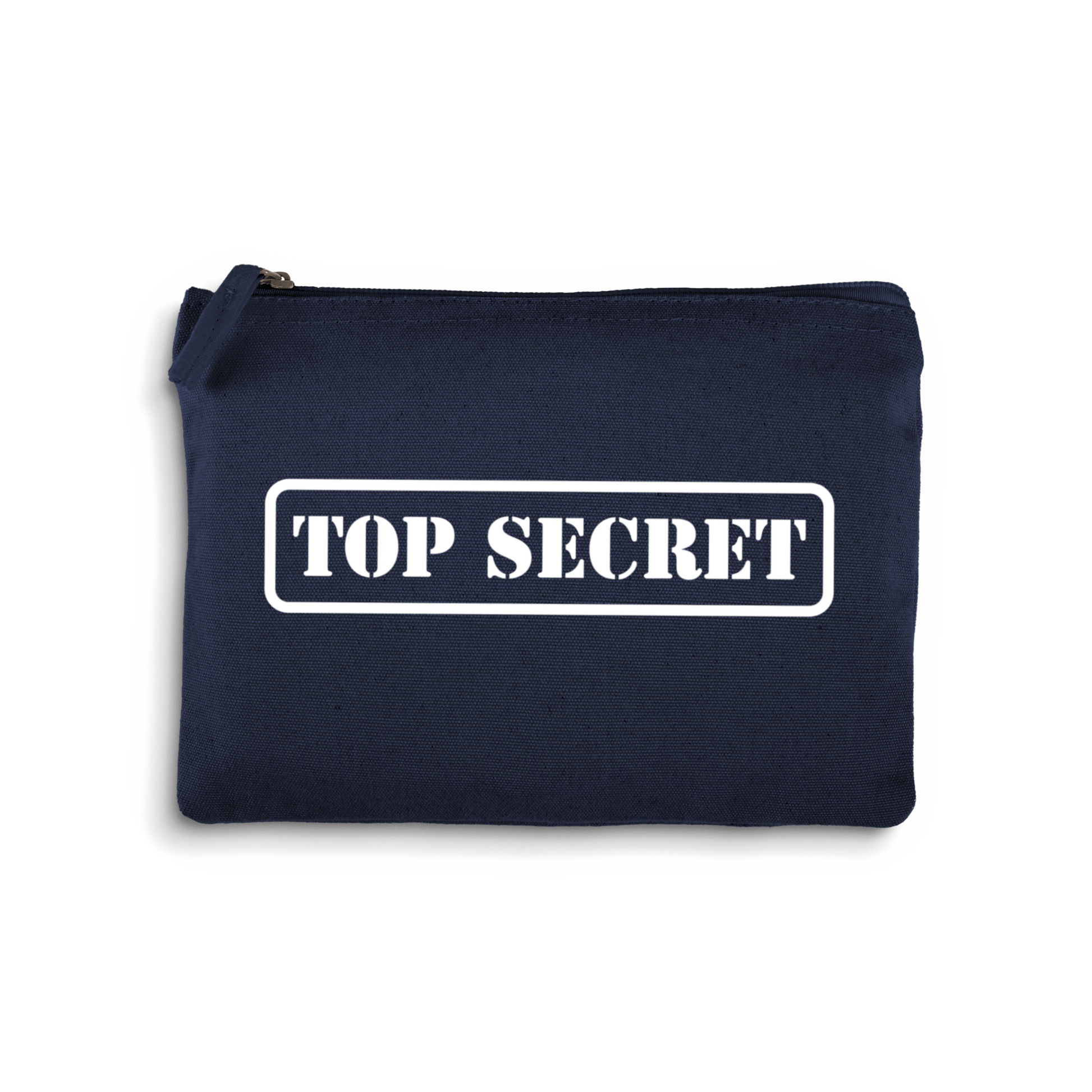 Navy blue pouch with 'TOP SECRET' text on a white background