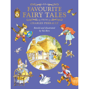 Book cover of 'Favourite Fairy Tales from Charles Perrault' with illustrations on a blue background