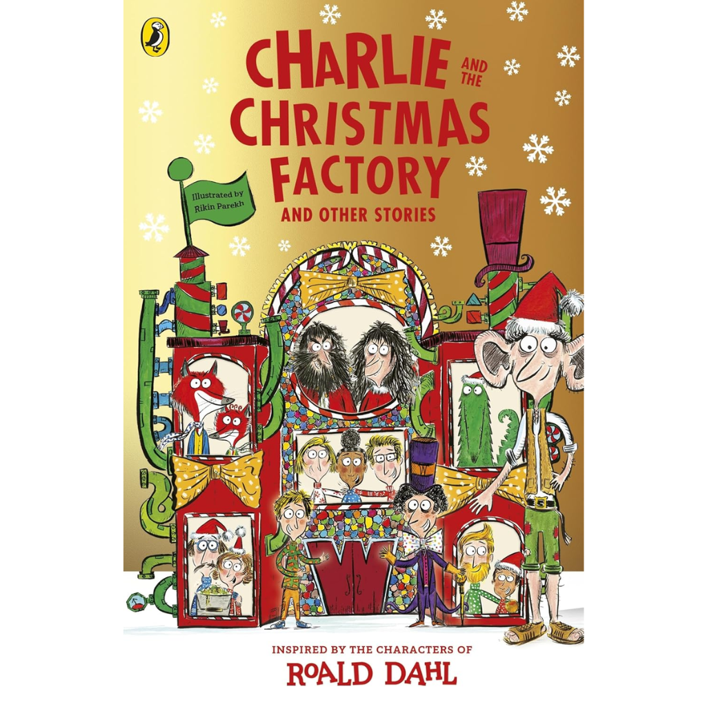 Book cover of 'Charlie and the Christmas Factory' with colorful illustrations and festive design.
