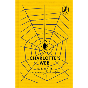 Book cover of 'Charlotte's Web' with a spider in a web on a yellow background