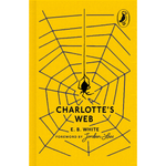 Book cover of 'Charlotte's Web' with a spider in a web on a yellow background