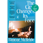 Book cover of 'The City Changes Its Face' by Eimear McBride with a blue background and a photo of a woman lying on a couch.