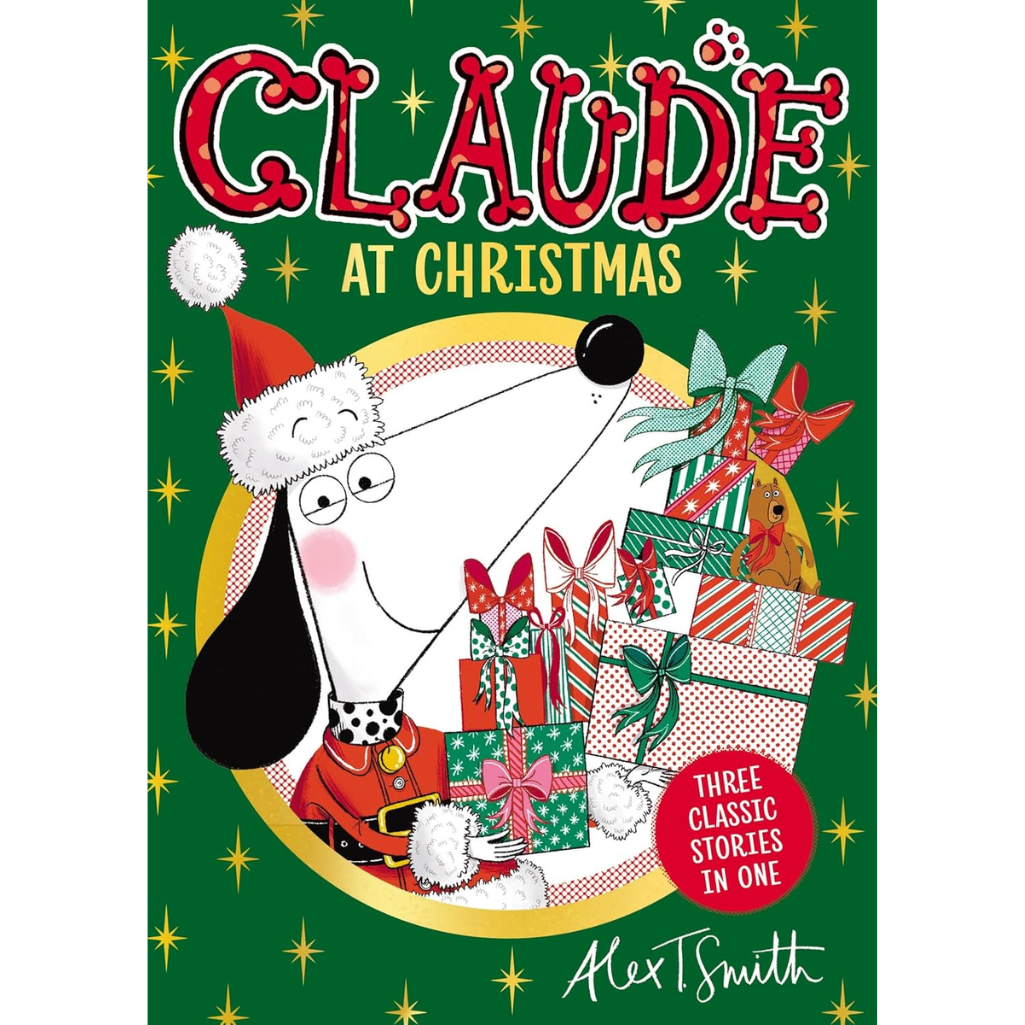 Book cover of 'Claude at Christmas' with a dog character holding presents on a green background.