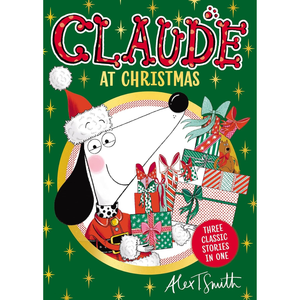 Book cover of 'Claude at Christmas' with a dog character holding presents on a green background.