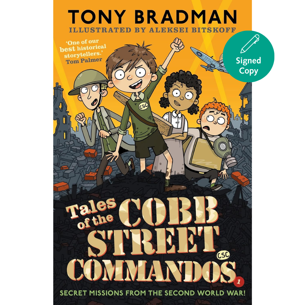 Book cover of 'Tales of the Cobb Street Commandos' with cartoon characters and Tony Bradman's name on it.
