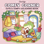Cover of 'Comfy Corner' coloring book with a cartoon frog and dog in a cozy room.