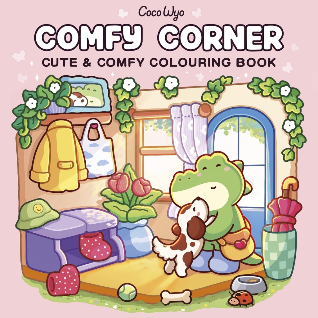 Cover of 'Comfy Corner' coloring book with a cartoon frog and dog in a cozy room.