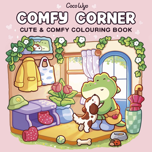 Cover of 'Comfy Corner' coloring book with a cartoon frog and dog in a cozy room.