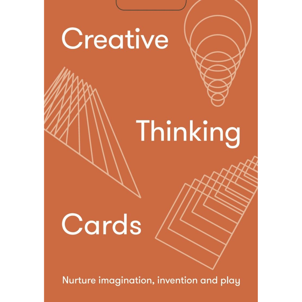 Book cover of 'Creative Thinking Cards' with abstract line art on an orange background