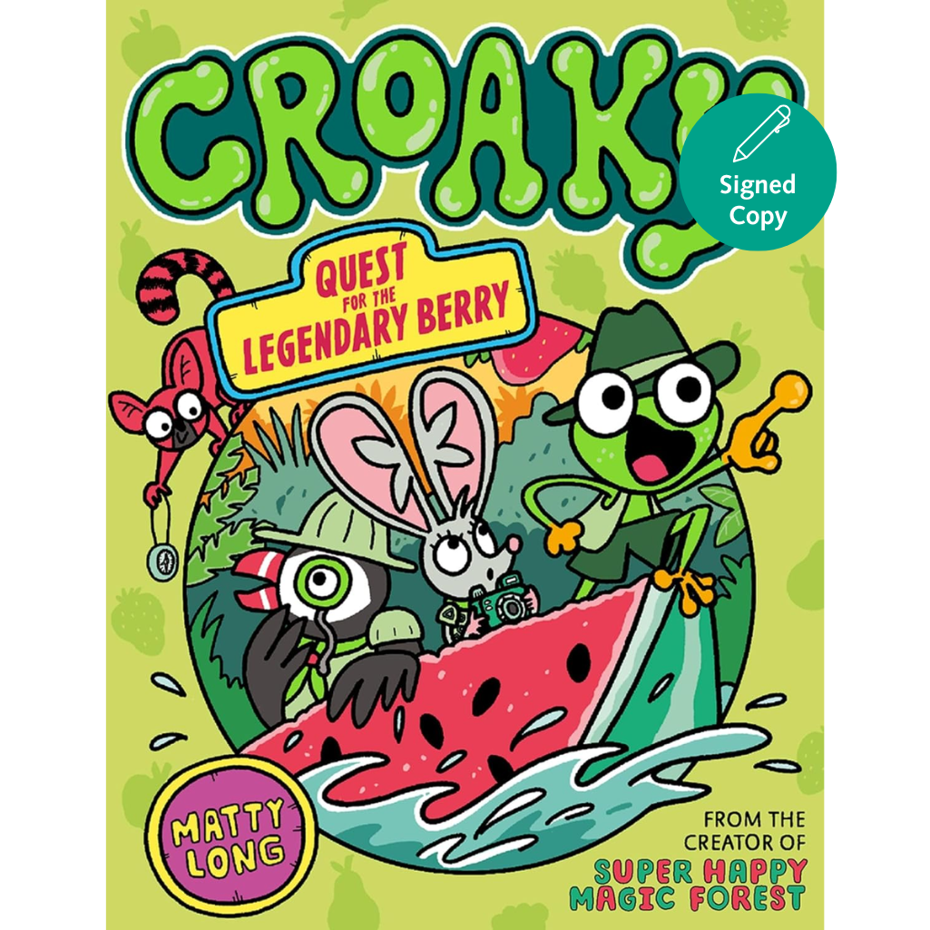 Book cover of 'Croaks! Quest for the Legendary Berry' with cartoon characters on a green background