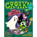 Book cover of 'Croak! Escape from Grow Castle' with cartoon frog, ghost, and crow on a green background.