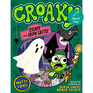 Book cover of 'Croak! Escape from Grow Castle' with cartoon frog, ghost, and crow on a green background.