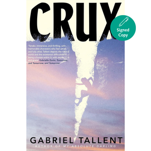 Book cover of 'Crux' by Gabriel Tallent with a silhouette climbing a mountain.