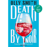 Book cover of 'Death by Noir' with a wine glass and red liquid on a blue background