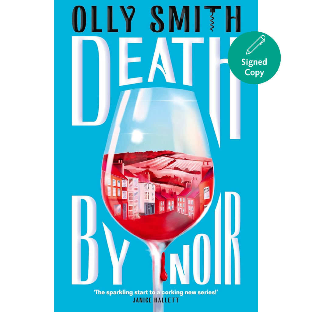 Book cover of 'Death by Noir' with a wine glass and red liquid on a blue background