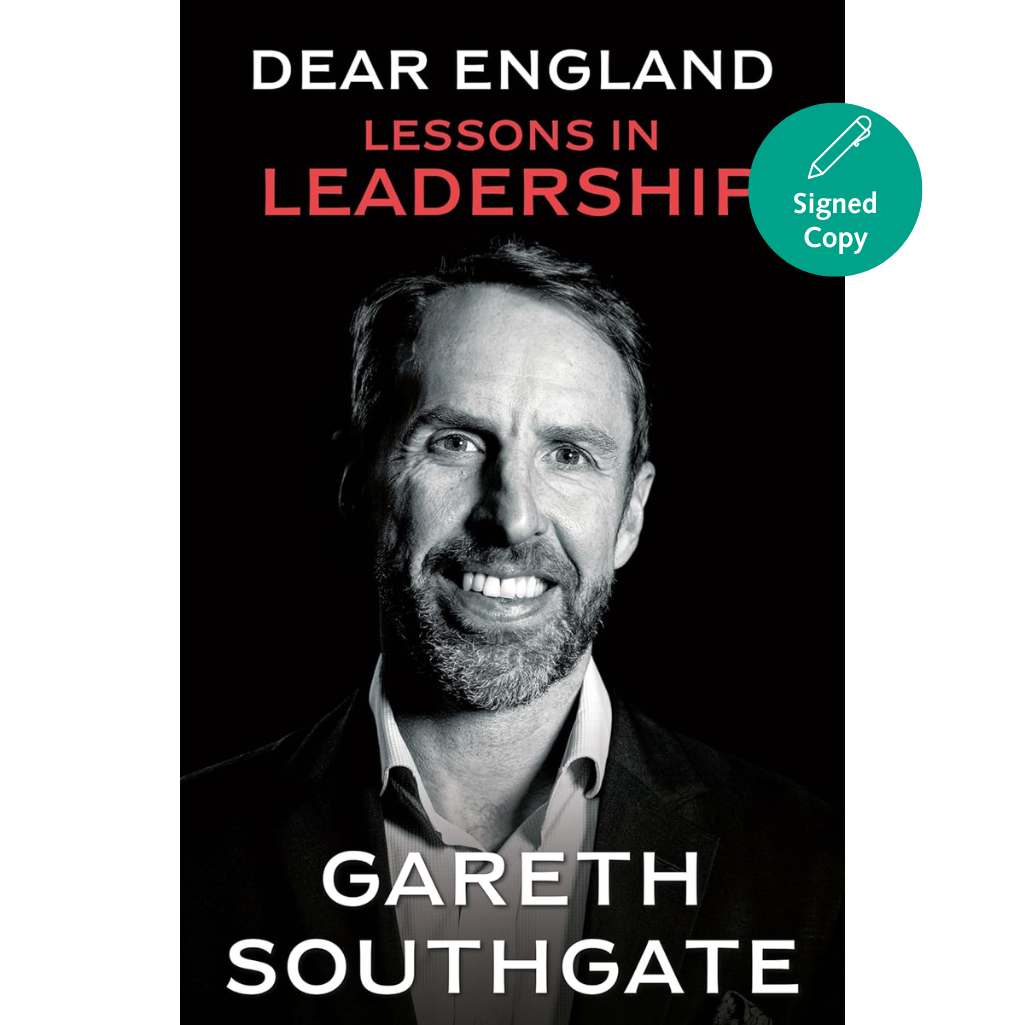 Book cover of 'Dear England: Lessons in Leadership' by Gareth Southgate with a black and white photo of the author.