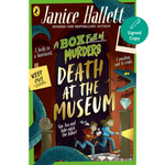 Book cover of 'Death at the Museum' by Janice Hallett with colorful illustration and text.