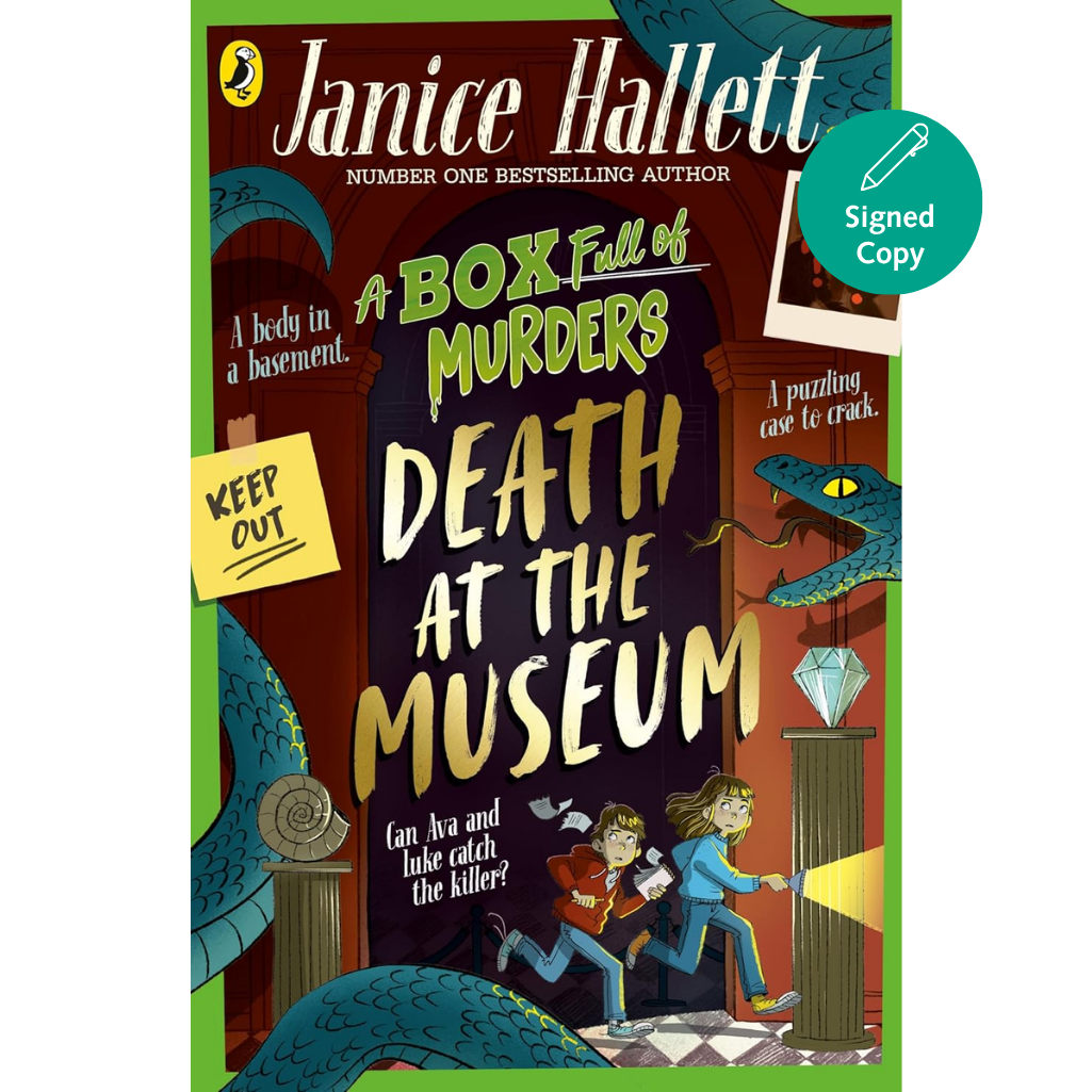 Book cover of 'Death at the Museum' by Janice Hallett with colorful illustration and text.