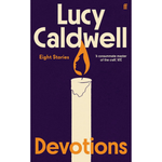 Book cover for 'Devotions' by Lucy Caldwell, featuring a dark purple background, a cream-colored candle with an orange flame and profile silhouette, and cream and orange typography.