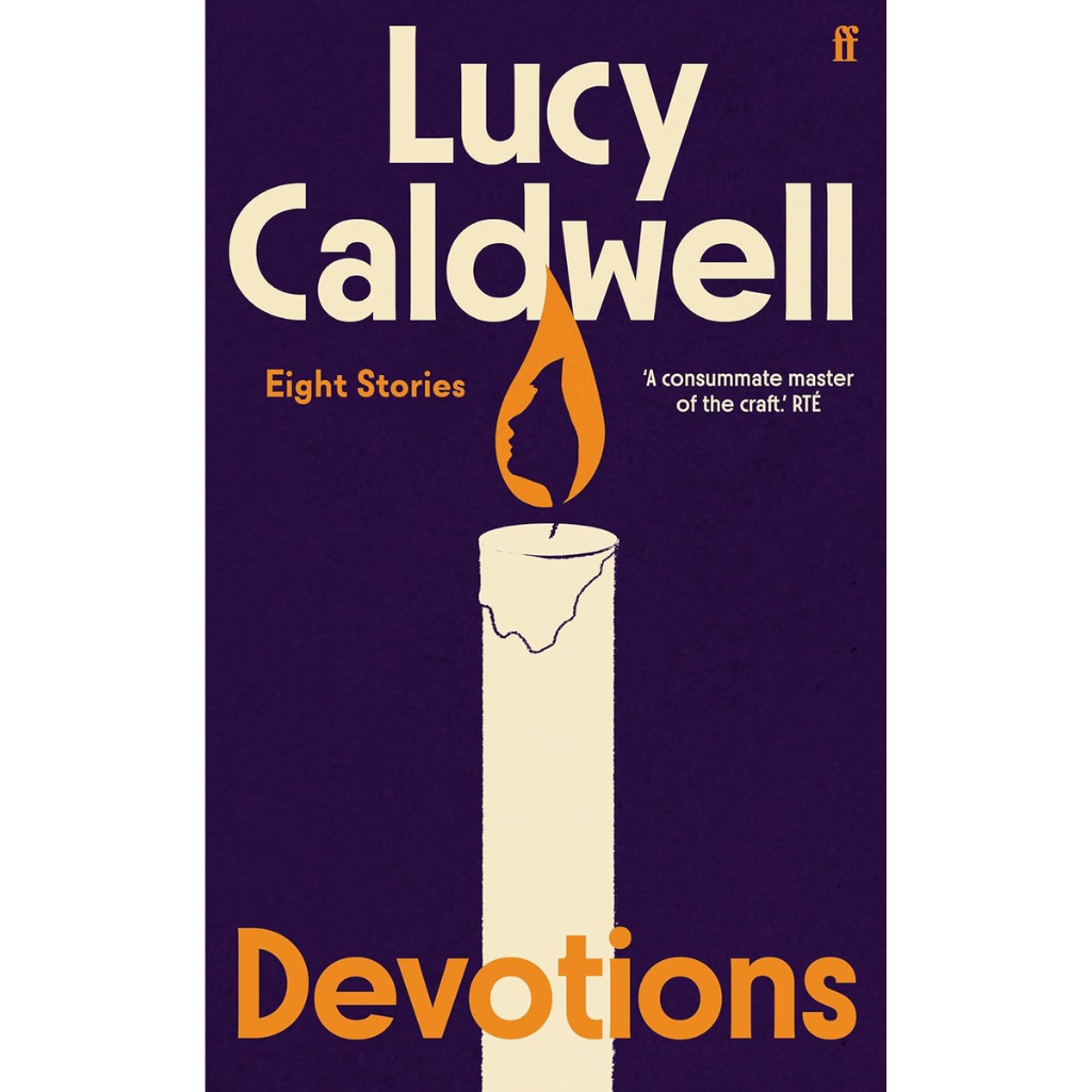 Book cover for 'Devotions' by Lucy Caldwell, featuring a dark purple background, a cream-colored candle with an orange flame and profile silhouette, and cream and orange typography.