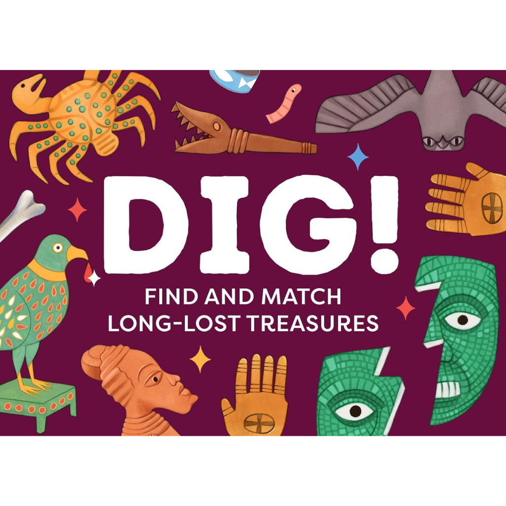 Book cover of 'DIG! Find and Match Long-Lost Treasures' with illustrations of考古文物 on a purple background.