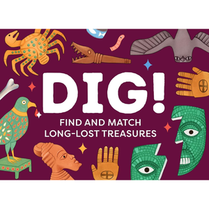 Book cover of 'DIG! Find and Match Long-Lost Treasures' with illustrations of考古文物 on a purple background.