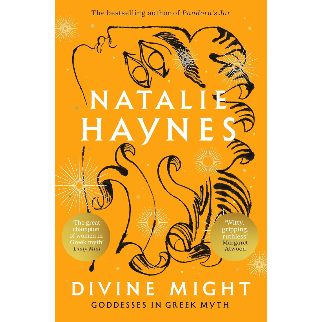 Book cover of 'Divine Might' by Natalie Haynes with orange background and black illustrations.