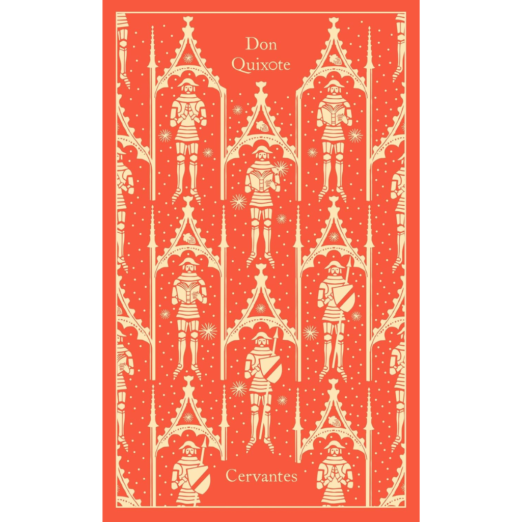 Book cover of 'Don Quixote' with white illustrations on a red background