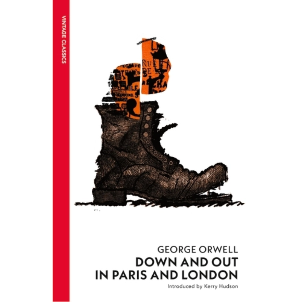 Book cover of 'Down and Out in Paris and London' by George Orwell with a boot and helmet illustration.