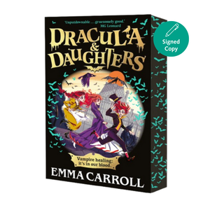 Book box for 'Dracula & Daughters' by Emma Carroll with colorful design and text.