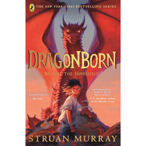 Book cover of 'Dragonborn' featuring a dragon and a person with text about the book's acclaim.