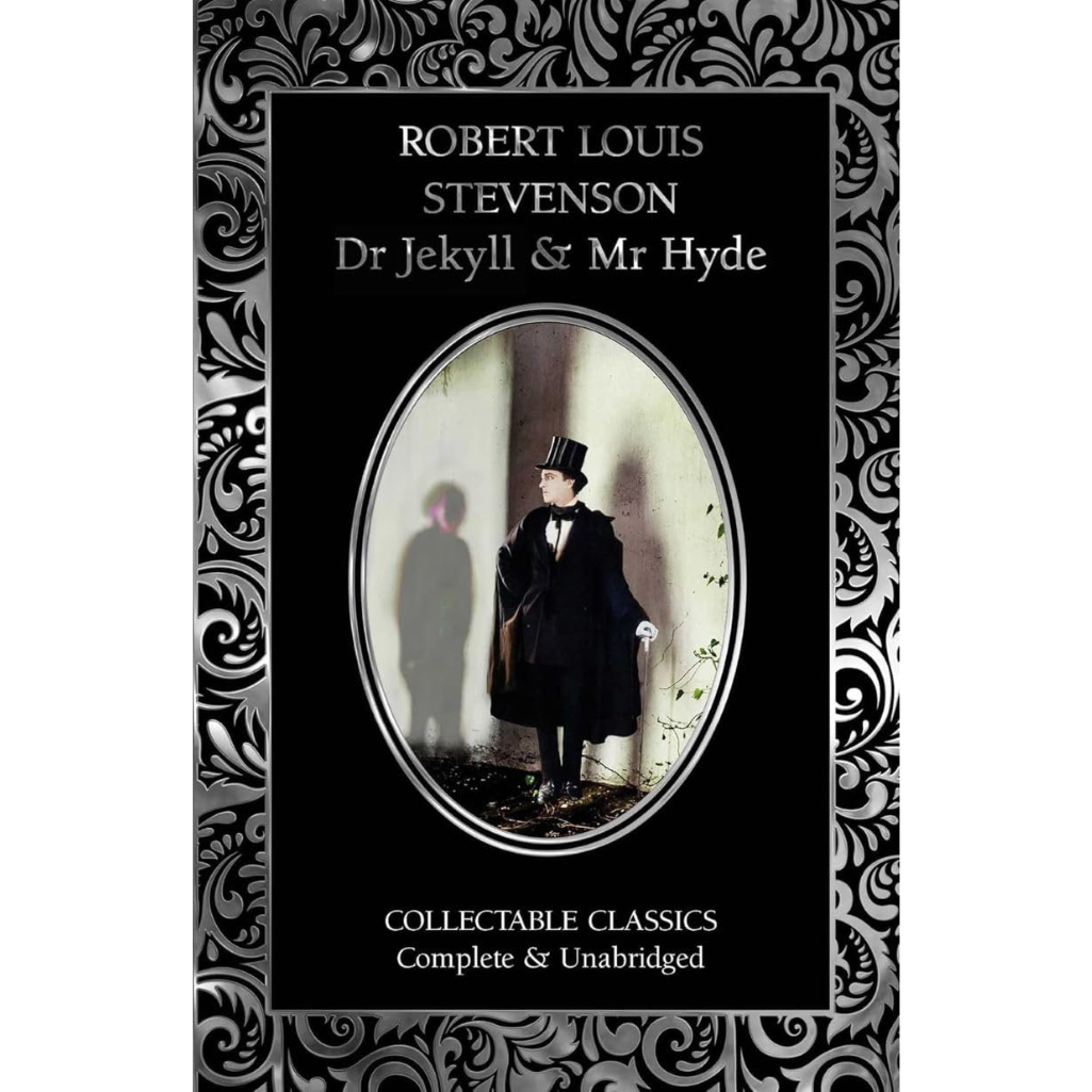 Book cover of 'Dr Jekyll & Mr Hyde' by Robert Louis Stevenson with decorative black and white border.