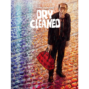 Book cover of 'Dry Cleaned' by Oris Mertens with a person holding a red bag on a textured background.
