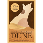 Book cover of 'Dune' by Frank Herbert with desert landscape and silhouette of a figure.