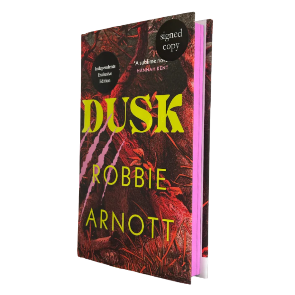 Book titled 'Dusk' by Robbie Arnott with a dark cover and yellow text.