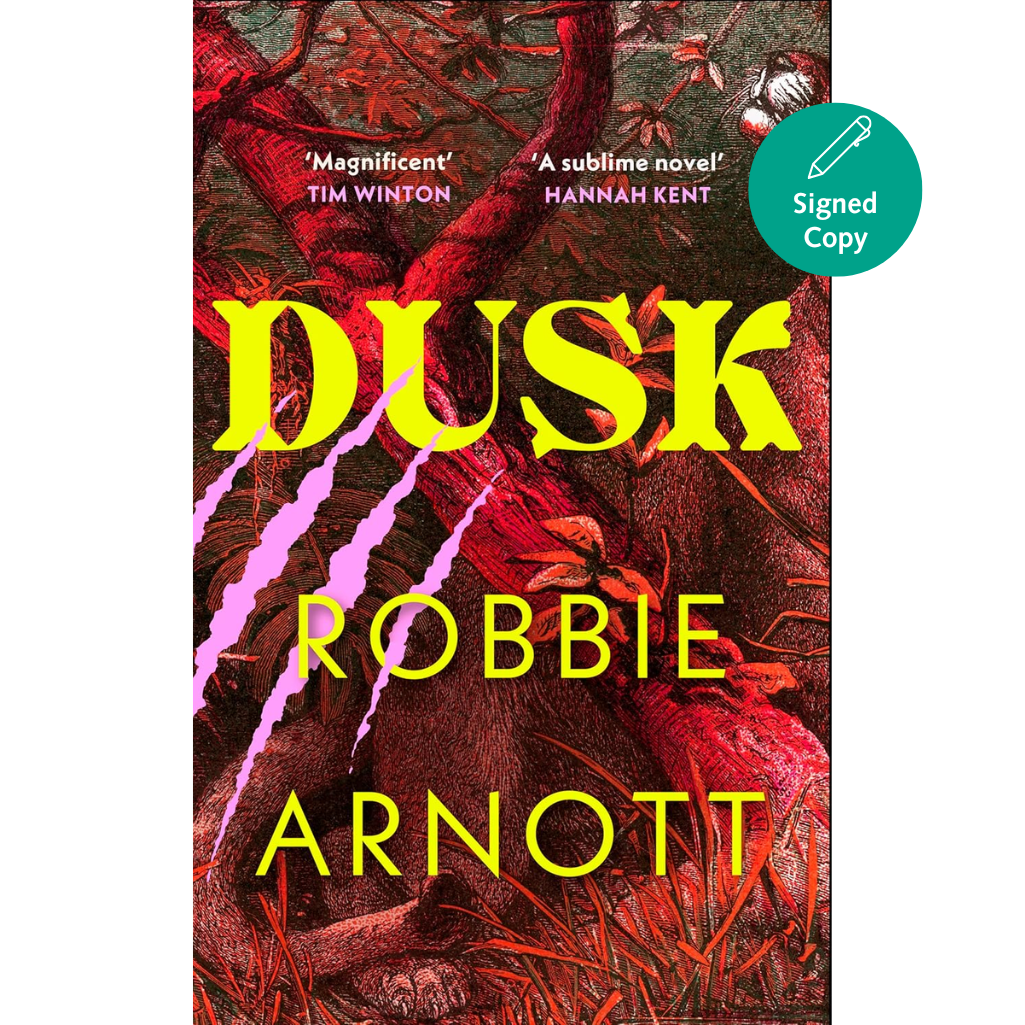 Book cover of 'Dusk' by Robbie Arnott with red and yellow text on a dark background