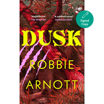 Book cover of 'Dusk' by Robbie Arnott with red and yellow text on a dark background