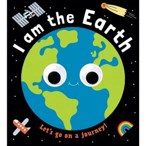 Cartoon Earth with googly eyes and text 'I am the Earth, Let's go on a journey!' on a black background