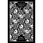 Book cover of 'The Fall of the House of Usher' by Edgar Allan Poe with black and white skull design.