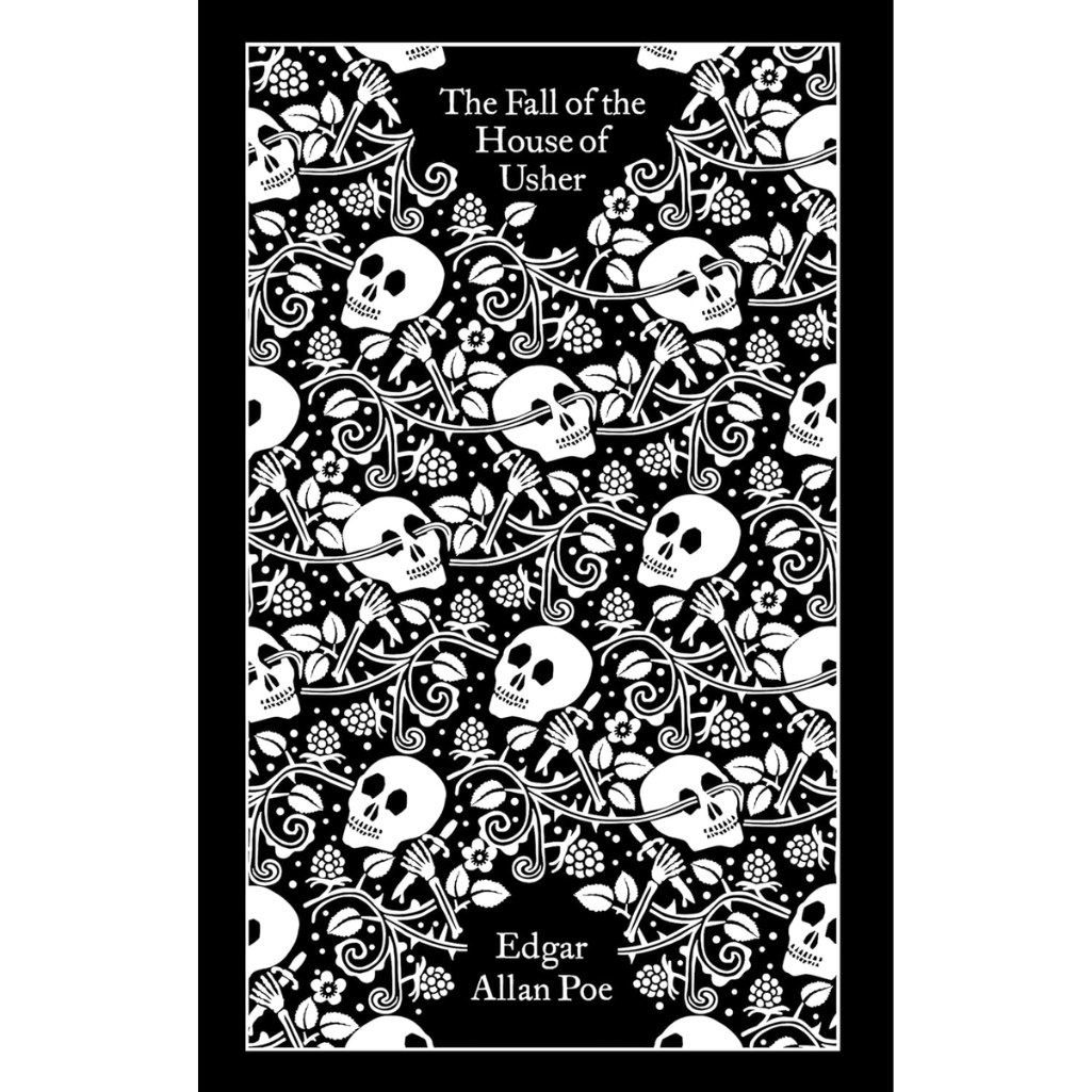 Book cover of 'The Fall of the House of Usher' by Edgar Allan Poe with black and white skull design.