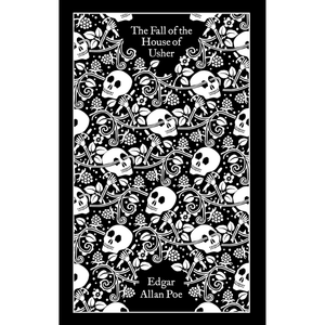 Book cover of 'The Fall of the House of Usher' by Edgar Allan Poe with black and white skull design.