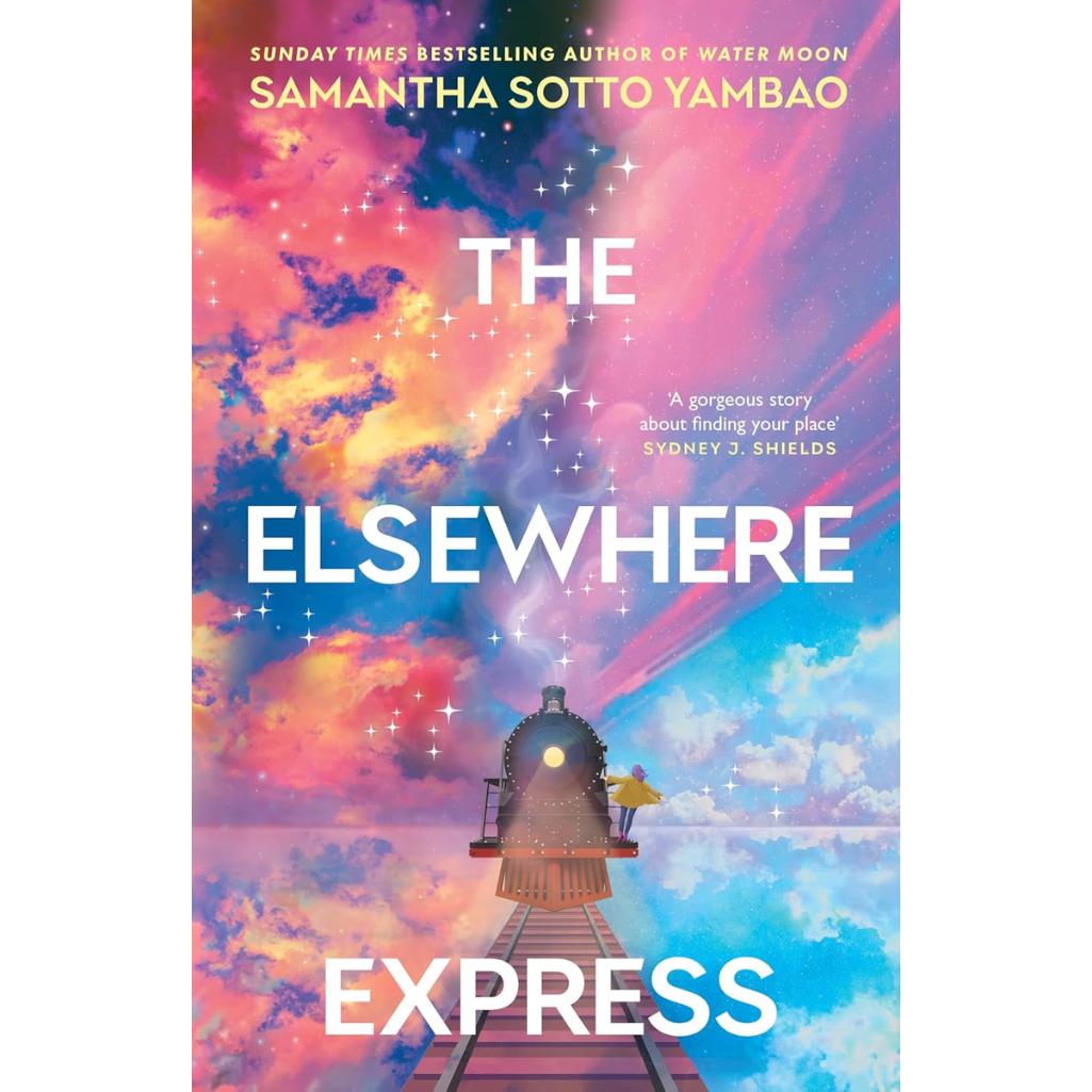 Book cover of 'The Elsewhere Express' with a colorful sky and train design.
