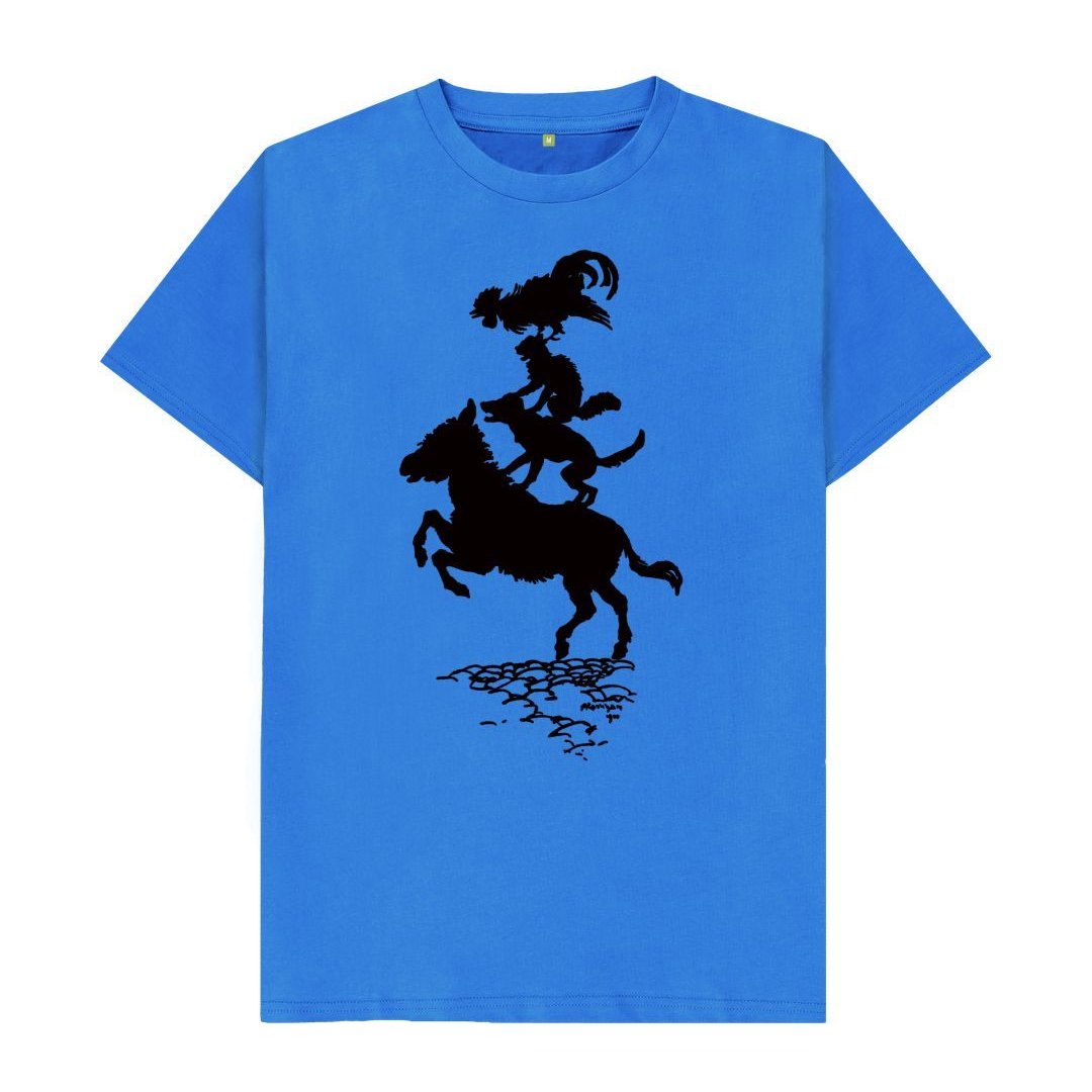 Bright Blue Bremen Town Musicians in black T-shirt