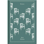 Book cover of 'Emma' by Jane Austen with white chair illustrations on a teal background