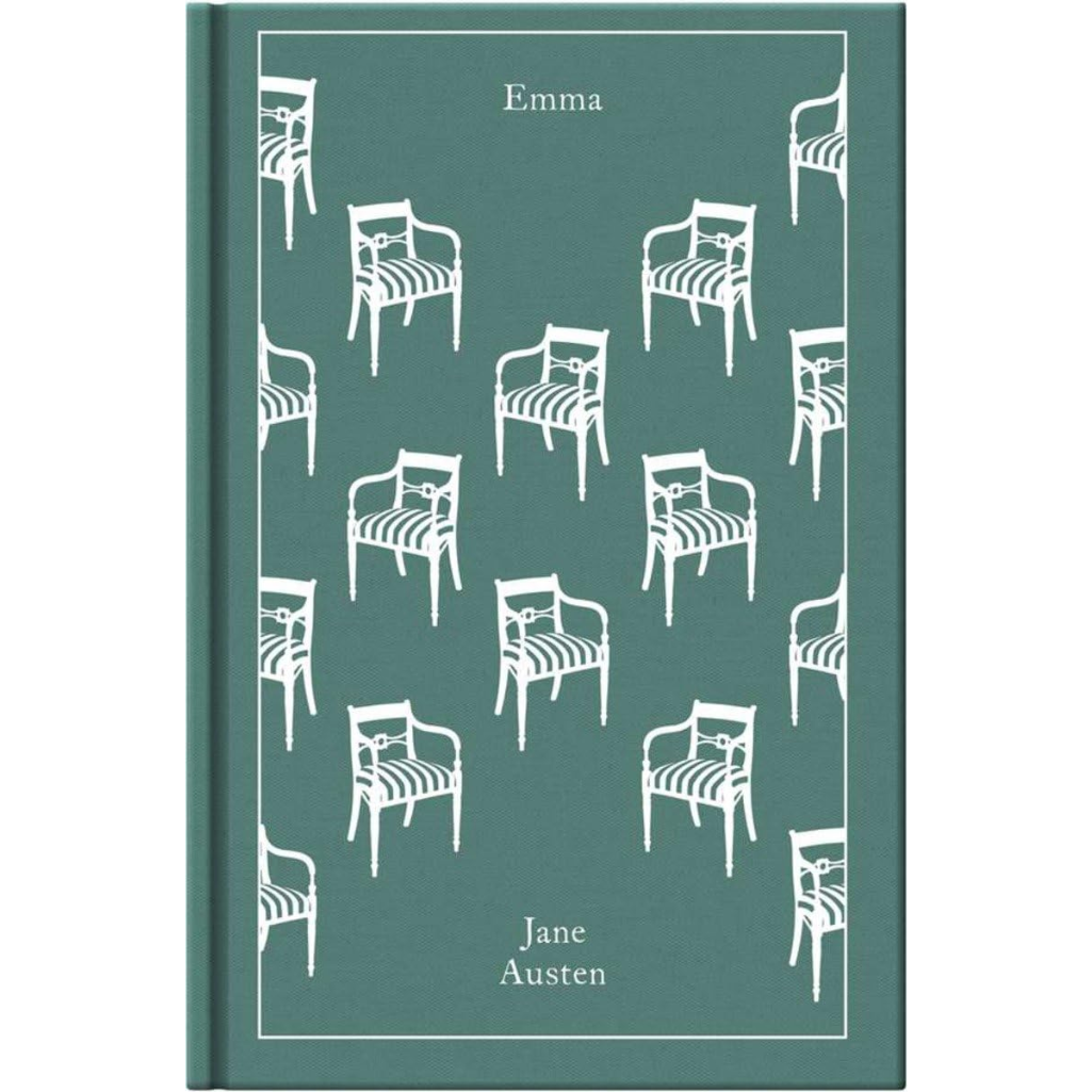 Book cover of 'Emma' by Jane Austen with white chair illustrations on a teal background